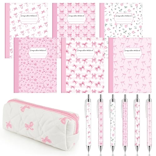THAWAY 6 Pack Bow Composition Notebook Set, Cute School Supplies