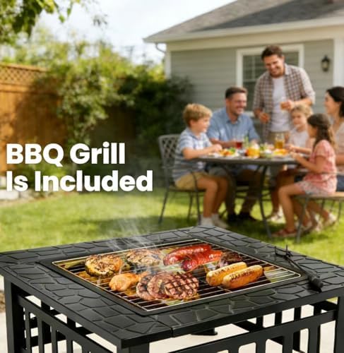 The fire pit in use as a BBQ grill with food cooking.