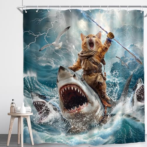 Image of Funny Cat Riding Shark Shower Curtain Ocean Waves 72Wx84H Inch Decor