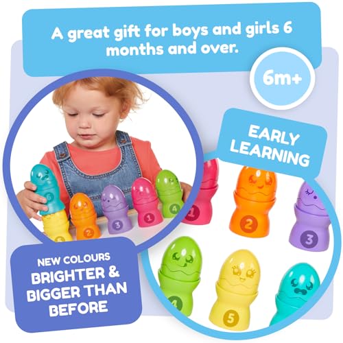 Image of Toomies Tomy Hide and Squeak Egg Stackers Baby Toy - Stacking Egg Cups with 3 Squeak and 3 Rattle Eggs - Shape Sorter Toddler Toys - Engaging Baby Sensory Toys - Baby Toys 6 Months Plus to 36 Months