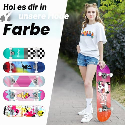 BELEEV Skateboard 31x8 Zoll Komplette Cruiser Skateboard für Kinder Jugendliche Erwachsene, 7-Lagiger Kanadischer Ahorn Double Kick Deck Concave mit All-in-one Skate T-Tool für Anfänger