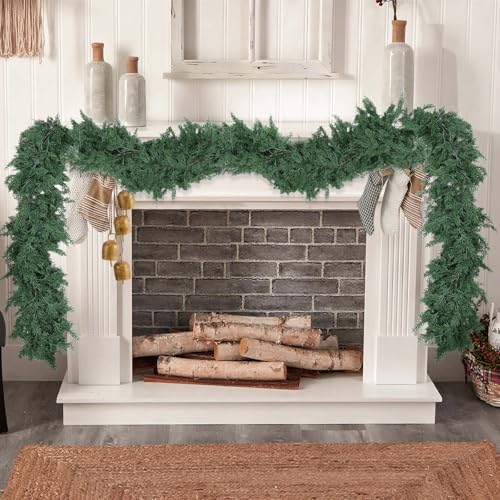 Image of Hananona 9FT Artificial Cedar Garlands, Real Touch Soft Cedar Pine Garland, Winter Artificial Greenery Garland for Fireplace Mantel Staircase Porch Table Indoor Home Decor (1, Green, 9FT)