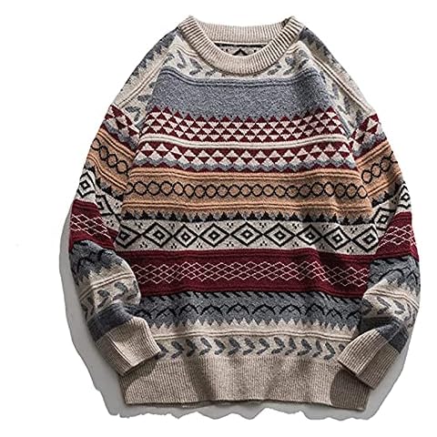 JoyJay-Clothing Autumn Winter Sweater for Women and Men,Vintage Striped Print Sweater Men Casual Loose Pullover Women Oversized Sweater Jumper Mens Knit Sweatshirt (Red, M) Cover