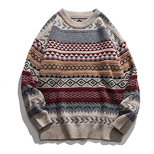 Men's Crewneck Sweater Autumn Winter Vintage Diamond Pattern Long Sleeve Knitted Jumpers Sweater Classic Pullover