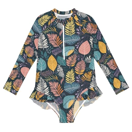 Colorful Tropical Palm Trees Leaves Girls Long Sleeve Swimsuit Rashguard Swimwear One Piece Bathing Suit 21217712