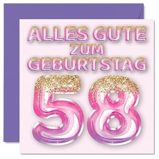 Stuff4 58. Tarjeta de cumpleaños para mujer, globos con purpurina rosa y morada, tarjetas de felicitación de cumpleaños para mujer de 58 años, mamá, abuela, tía, 145 mm, cincuenta y octavo cumpleaños