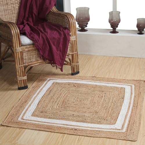 Second Nature Online KHIDAKEE Alfombra cuadrada de yute | De origen ético | Ecológica | Tejido a mano | Fibra natural con diseño de rayas blancas | Tamaño grande (150 x 150 cm)