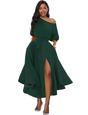 Amazon.com: LILYIN Women's Elegant Off Shoulder Short Sleeve Belted Side  Slit Cocktail Party Swing Dress with Pockets (S, Dark Green) : Clothing,  Shoes & Jewelry