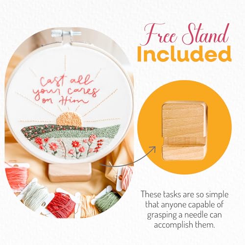 Image of Elly & Grace Christian Embroidery Kit with Embroidery Hoop, Easy Embroidery Kit for Beginners and Adults, Full Embroidery Hoop Kit with Needles and Thread Included (Cast All Your Cares)