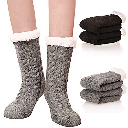 Lot de 2 Paires de Chaussettes d'hiver Chaudes pour Homme et Femme - Confortables et Moelleuses - Antidérapantes - Doublées en Polaire (Noir + gris) Cover