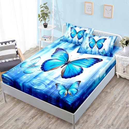 Bed Sheets Azul Insectos Blanca Colchon 150 Microfibra Cubre Funda Colchon 150x200 Transpirable Sabana Bajera Lavable Juego de Cama 30cm Profundidad Mattress Protector