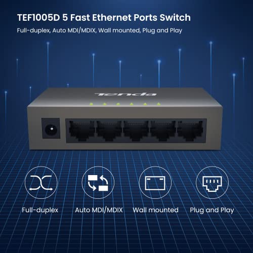 Tenda Tef1005D | 5-Port 10/100Mbps Fast Ethernet Switch | Desktop Network Splitter | Sturdy Metal | Fanless | Plug & Play | Traffic Optimization | Limited Lifetime Protection #TOP1