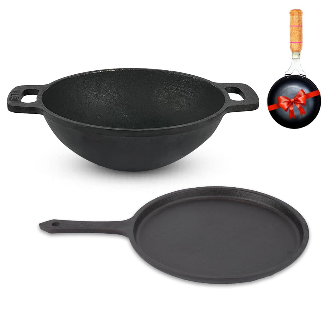 The Indus Valley Pre-Seasoned Cast Iron Cookware Set + Free Tadka Pan | Kadai (25.4cm/2.4L) + Tawa (25.7cm) | Kitchen Cooking Combo Pots and Pans Set of 3Pcs | Naturally Nonstick Black The Indus Valley Pre-Seasoned Cast Iron Cookware Set + Free Tadka Pan | Kadai (25.4cm/2.4L) + Tawa (25.7cm) | Kitchen Cooking Combo Pots and Pans Set of 3Pcs | Naturally Nonstick Black