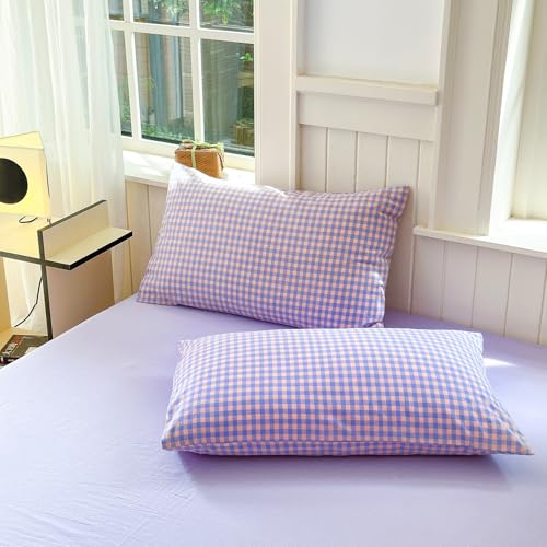 Image of LifeTB Purple Gingham Comforter Queen Comforter Set Fluffy Soft Plaid Checkered Pattern Comforter Purple Pink Gingham Bedding Set Farmhouse Grid Plaid Comforter Set for All Seasons Queen Size