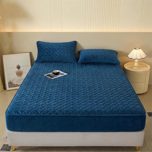 Pangzi Solid Flannel Plush Bedding Fitted Sheet,Velvety Soft Heavyweight Non-Slip Protective Cover for Bed Mattress (Twin, Blue)