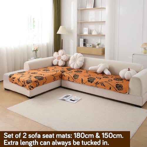 Image of HOKIPO 'Elira Series' Printed Water Repellent + Waterproof Quick Dry L Shape (3+2 Seater) Sofa Seat Cover Mat, Copper Brown Floral (AR-5249-C8 + AR-5246-C8)