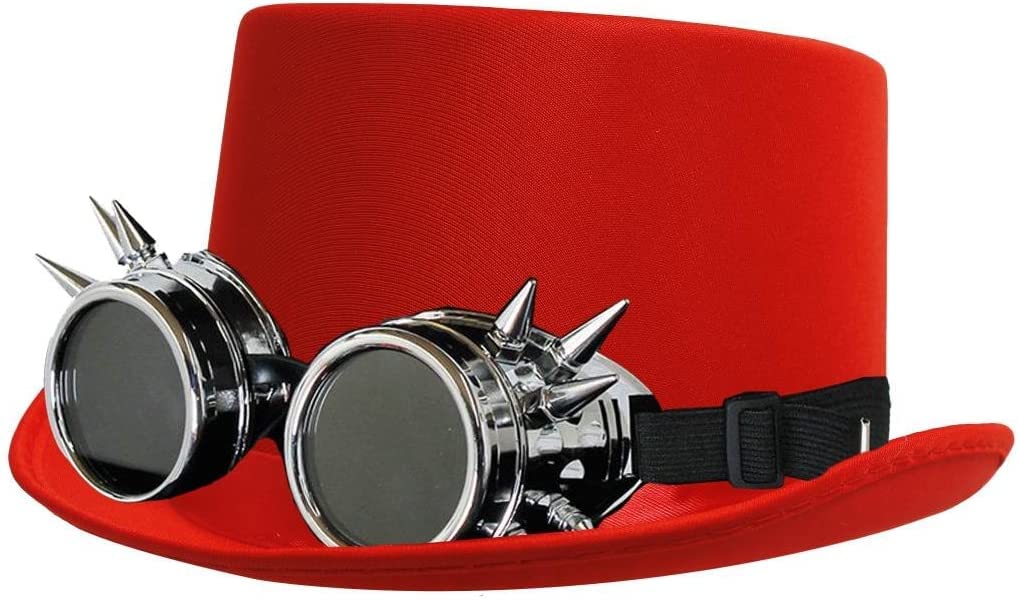 Steampunk Victorian Satin Top Hat With Black Goggles - Red Satin Top Hat With Goggles Perfect for Dance Shows or Fancy Dress