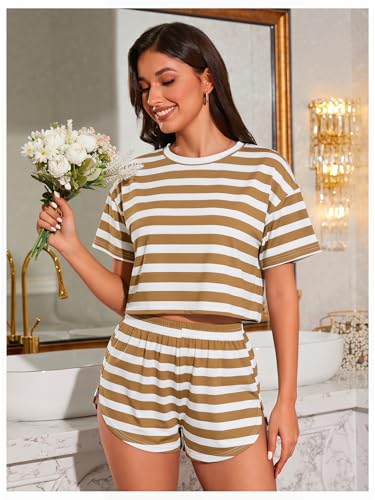 Image of OYOANGLE Womens Pajama Sets 2 Piece Sexy Lounge Sets Summer Cute Pjs Striped Print Tee and Side Split Shorts Set