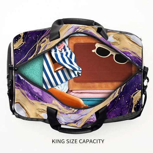 Gym Bag for Women Men, Yoga Bag with Shoe Pocket, Travel Duffel Tote Bag for Plane, Workout, Swimming, Weekend Overnight Bag Carry on Bag Hospital Holdalls, Marble Purple - 2 5