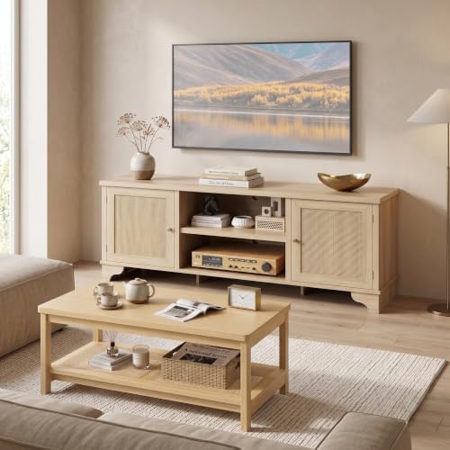 IDEALHOUSE 2 Piece Living Room Set, 62" TV Stand Coffee Table, Natural