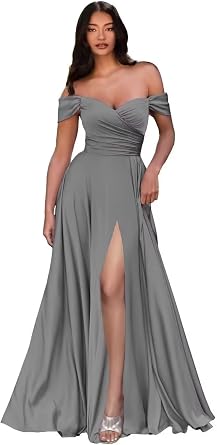 Womens A-line Long Satin Prom Dress with Slit, Off Shoulder Formal Dresses Wedding Guest Dress Evening Gowns