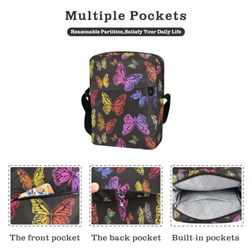 KLL Rainbow-colored Butterflies Black Background small messenger bag for women Vegan Leather cross body bag men Shopping Lady Shoulder Handbags2