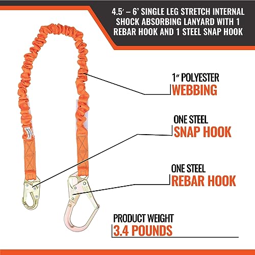 Image of Malta Dynamics 6' Single Leg Stretch Internal Shock Absorbing Lanyard with 1 Rebar Hook and 1 Steel Snap Hook, OSHA /ANSI Compliant