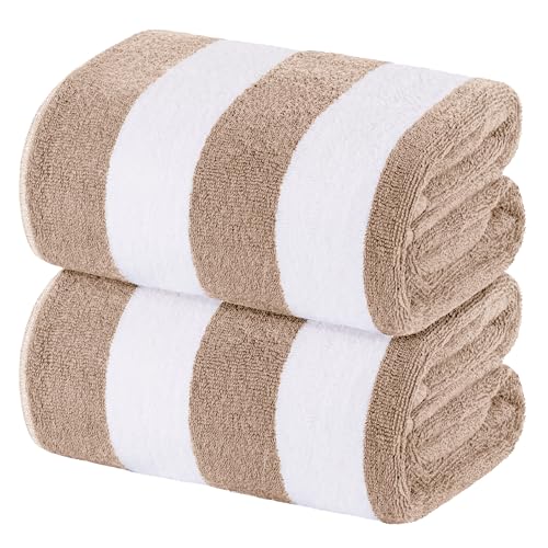 White Classic Beach Towels Oversized Cabana Stripe Cotton Bath Towel Large - Luxury Plush Thick Hotel Swim Pool Towels for Adults Super Absorbent Quick Dry - 35x70 Beige [2 Pack]