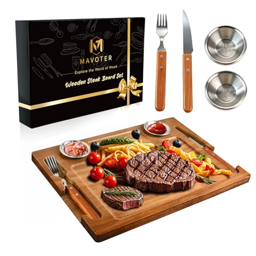 MAVOTER Acacia Wooden Steak Board - Steak Plate Cutting Board with Fork, Knife and Ramekins Wood Serving Board for Home 15.7 Inches (1 set) MAVOTER Acacia Wooden Steak Board - Steak Plate Cutting Board with Fork, Knife and Ramekins Wood Serving Board for Home 15.7 Inches (1 set)