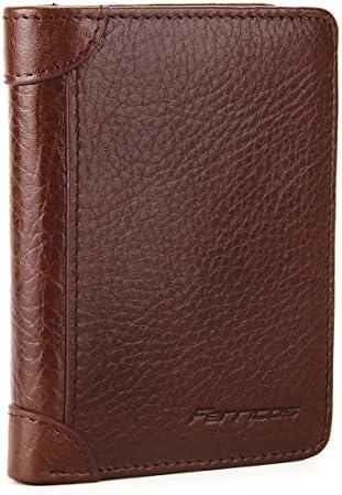 Ferricos RFID Men Cowhide Leather Portrait Short Purse Extra Capacity Trifold Inner Pocket Wallet Card Case Cash Coin Bag Money Clip ID Photo Holder Men's Gift Flip Series 1 Light Coffee