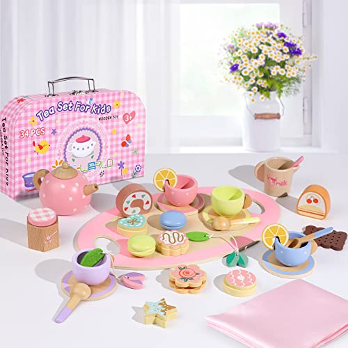 Wooden Tea Set For Little Girls,Pre-World 34Pcs Wooden Toys Toddler Tea Set With Play Food Dessert Cookies Tablecloth & Carrying Case,Kids Pretend Play Kitchen Accessories Toy For Girls Boys Age 3-5 #TOP1