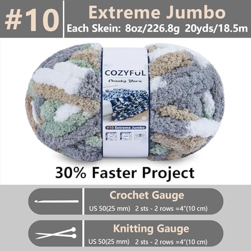 Cozyful Chunky Yarn for Hand Knitting - #10 Chunky Chenille Blanket Yarn, Jumbo Big Thick Chunky Yarns for Crocheting, Tie Dye Bulky Knit Yarns, 8 Skein (20 yds 8 oz Each Skein), Cream&Sage&Grey&Khaki - 1