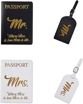 2 Sets Mr and Mrs Passport Holder Black and White Luggage Tags for Couples