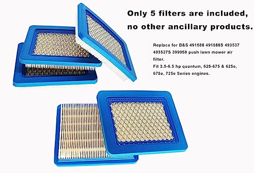 Zlksker 491588S Lawn Mower Air Filters Replacement For B&S 491588 493537 493537S 399959, Flat Air Cleaner, Blue (Pack Of 5) #TOP3