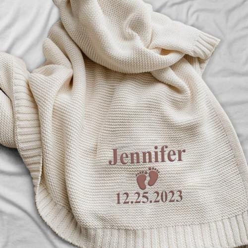 Image of LOVELYPOD Personalized Baby Girl Knit Blanket, Cotton Knit Stroller, Custom Embroidered with Name and Icon, 30x40in Nursery Blanket Gifts for Newborn Baby Girl, Newborn Holiday Shower Gift