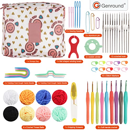 Genround Kit de crochê DIY 61 peças para adultos e crianças com fio de acrílico grande de 8 cores, k