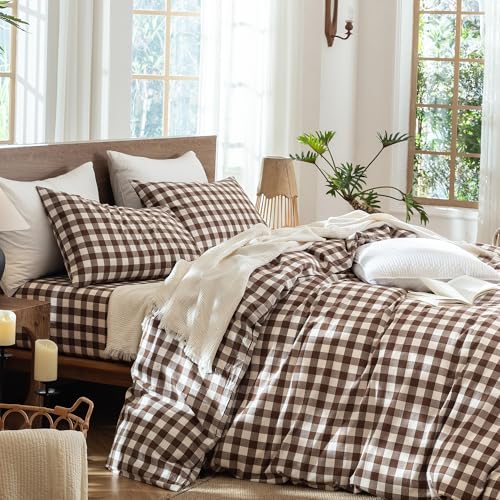 Image of MooMee Gingham Duvet Cover Set 100% Washed Cotton Linen Like King | Relaxed Linen-like Texture. Soft, Breathable & Long-lasting Comfort. Lightweight. Hidden Zipper with 8 Interior Corner Ties