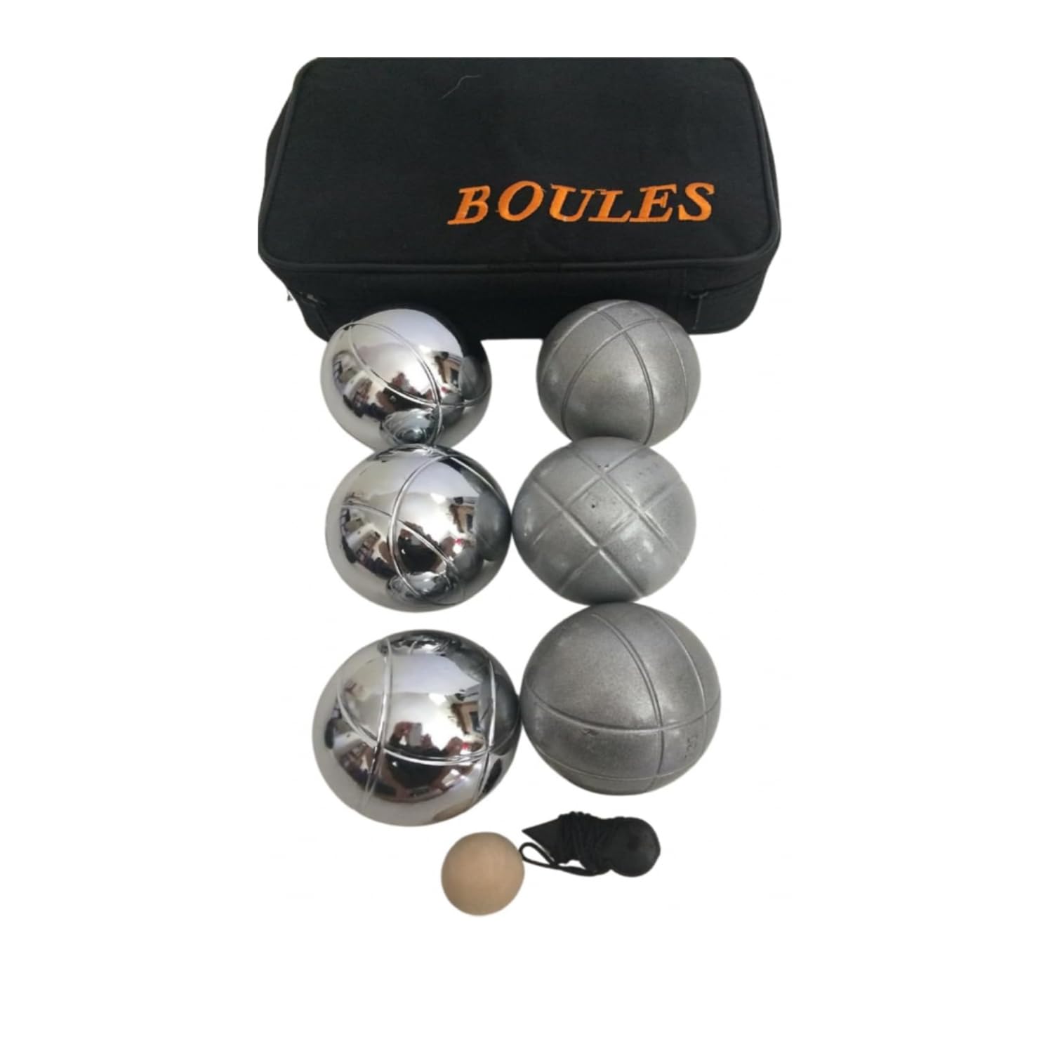 BuyBocceBalls Listing - Unique 6 Ball 73mm Metal Bocce/Petanque Set with 3 Grind Sand Balls and 3 Silver Balls