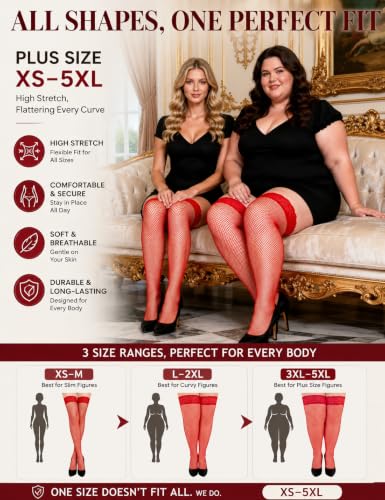 Image of ohyeah Women Fishnet Plus Size Thigh High Stockings XS-5XL Silicone Stay Up Lingerie Lace Top Pantyhose Hosiery
