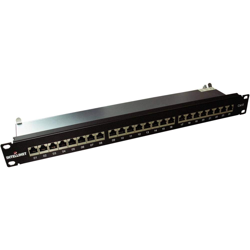 Intellinet 720038 24-Port Cat6 Patchpanel FTP 1 HE (Klemmleisten mit 90 Grad abgewinkelten Kabeleinführungen) geschirmt schwarz