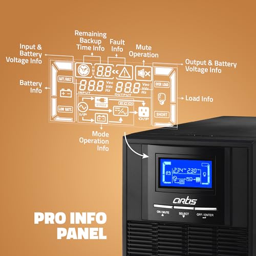 Image of Artis 1KVA Online High Frequency Pure Sine Wave UPS. 2x9Ah Built in Batteries (BIB), LCD Display, Overload Protection(OVPD). 3 Output sockets. Generator Compatible. BIS Certified Online UPS
