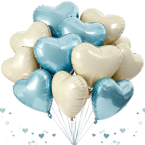 12 PCS Light Blue Cream Heart Balloons, 18 Inch Light