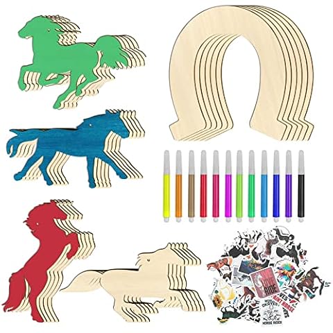 26 Wooden Horses Wooden Discs Horseshoe Shape Unfinished Wood Cutouts Craft with Watercolour Pen, DIY Decoration for Birthday Decoration Party Weddings Baby Showers and Wreath Decorations 88 Pieces Cover
