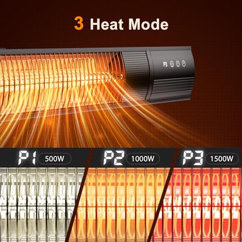 YESERLl Electric Patio Heater with Remote Control- 1500w Outdoor Heater Fast Heating with 3 Power Setting, WallMounted Carbon Infrared Heater Quiet - IP55 Waterproof and 24H Timer for Snow Outdoor