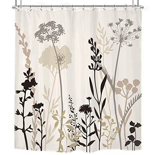 Omifly Beige Shower Curtain Cream Floral Taupe Brown Silhouette Flower Rustic Boho Wildfloral Leaves Plants Botanical Vintage Dandelion Bathroom Set 12 Plastic Hook Waterproof Toilet Accessories Decor #TOP4