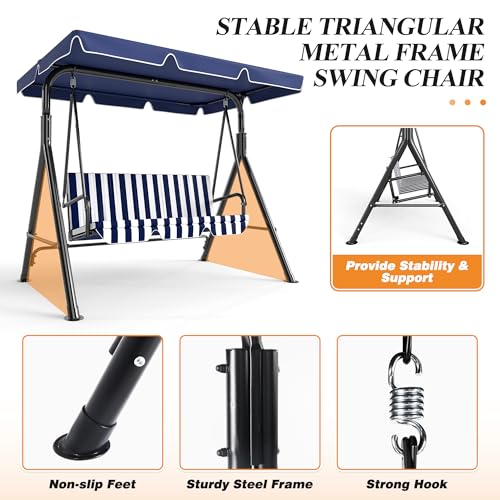 Image of GARTOO 3-Seat Patio Swing Chair, Outdoor Porch Swing with Adjustable Canopy and Durable Steel Frame for Patio, Garden, Poolside(Nevy Blue)