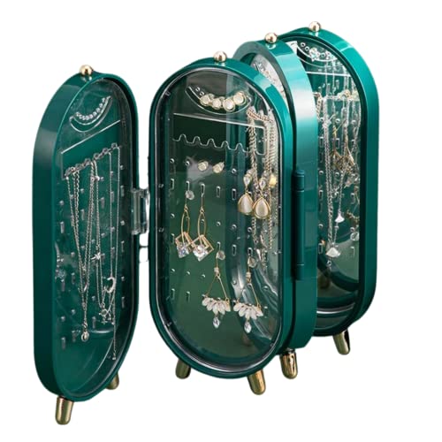 ZÉAUSA Jewellery Organiser Box with Mirror Earrings Necklace Bracelet Display Stand Foldable Storage Case (Green)