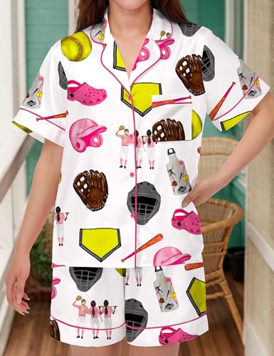 Image of SHESHOW Pajamas for Women Set Satin Button Down Short Sleeve Top and Shorts Pjs Sets Sport Ball Print Sleepwear XS-XXL