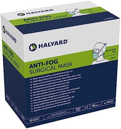 HALYARD Disposable Mask, Three Layer Construction, Anti-Fog, Pleat-Style w/Ties & Film Strip, Green, 49215