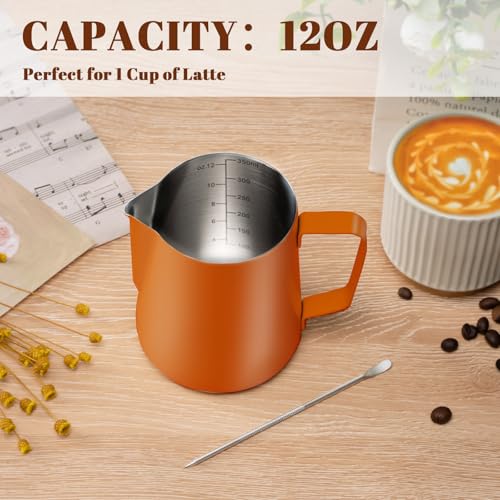 Image of Amrules Milk Frothing Pitcher 12oz Frother Cup Barista Tools, Orange